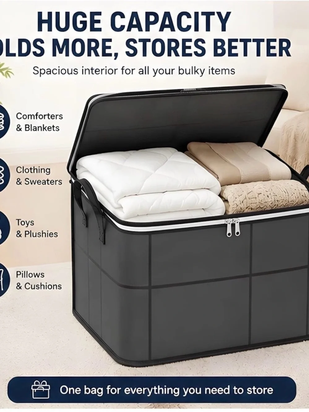 High-Capacity Gray Fabric Storage Bag with Zipper